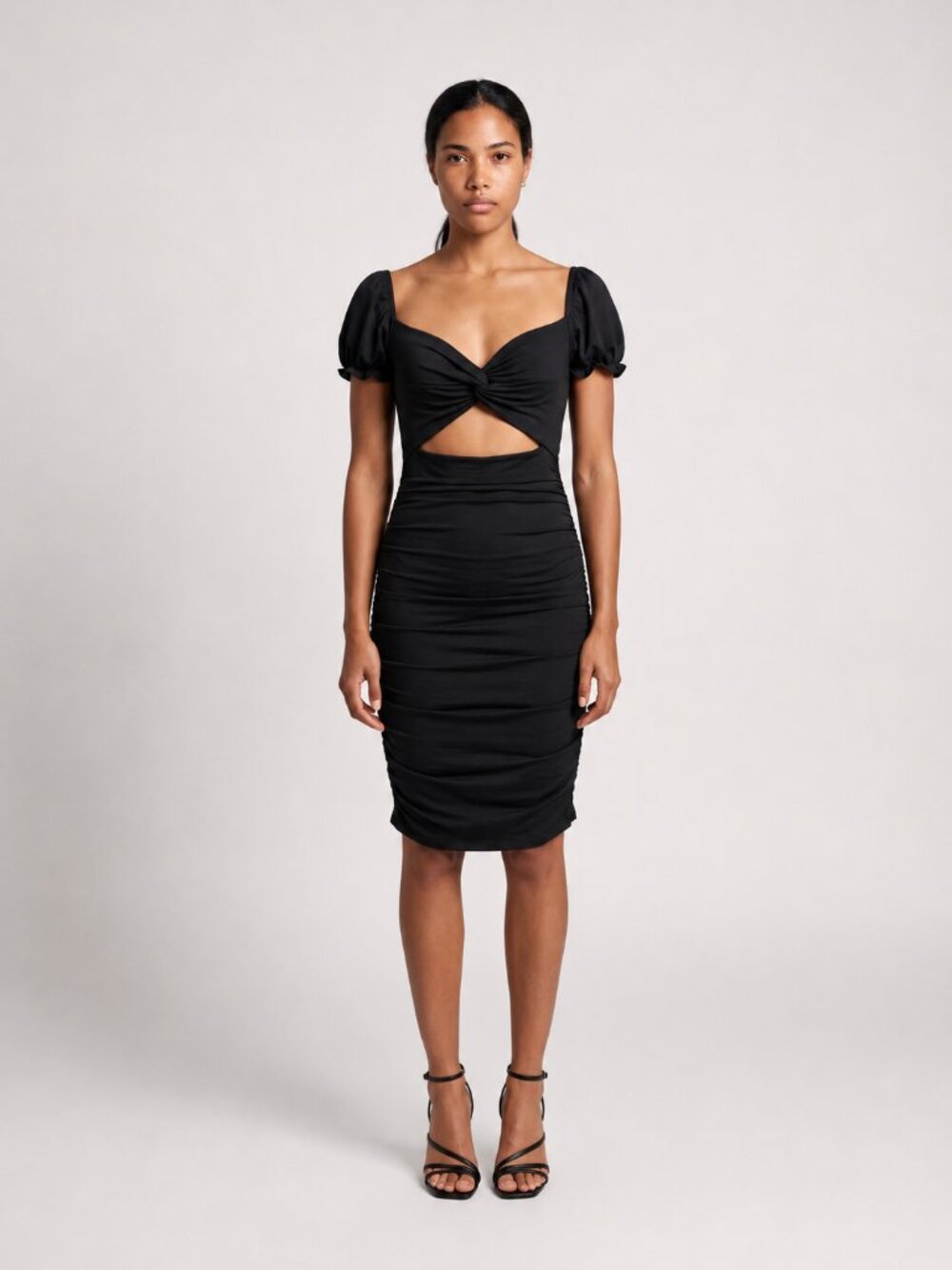 Black Cutout Ruched Mini Dress – Puff Sleeve Bodycon, Size S